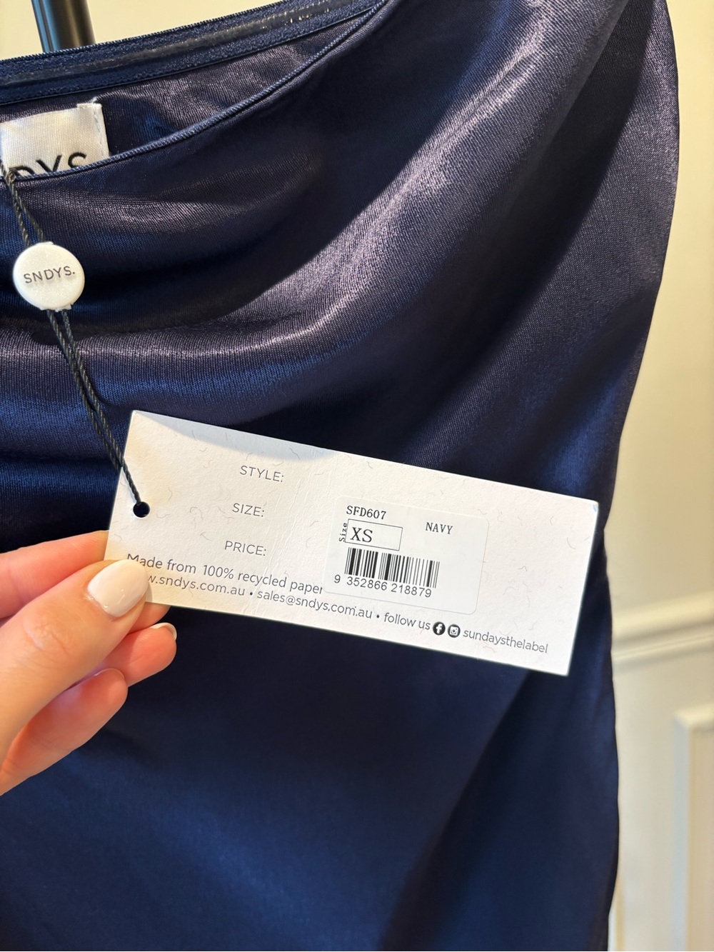 SNDYS Navy Satin Cowl-Neck Midi Slip Dress - Picture 3 of 6